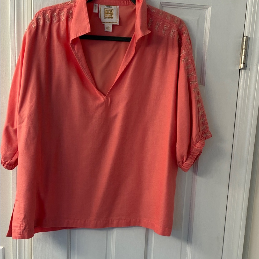Elegant Coral Blouse with Embroidered Details